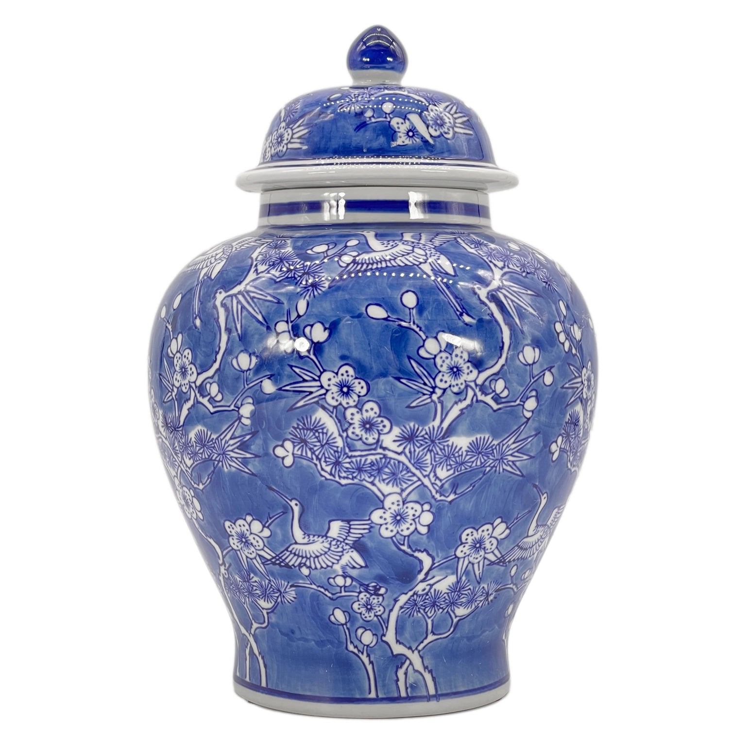 Blue & White Floral Crane Ceramic Ginger Jar